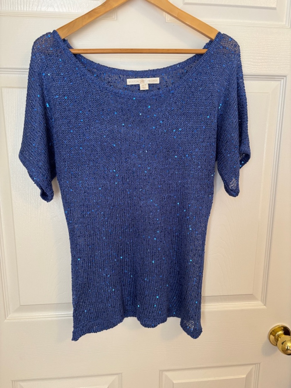 Boston Proper Blue Sequin Boatneck Knit Top